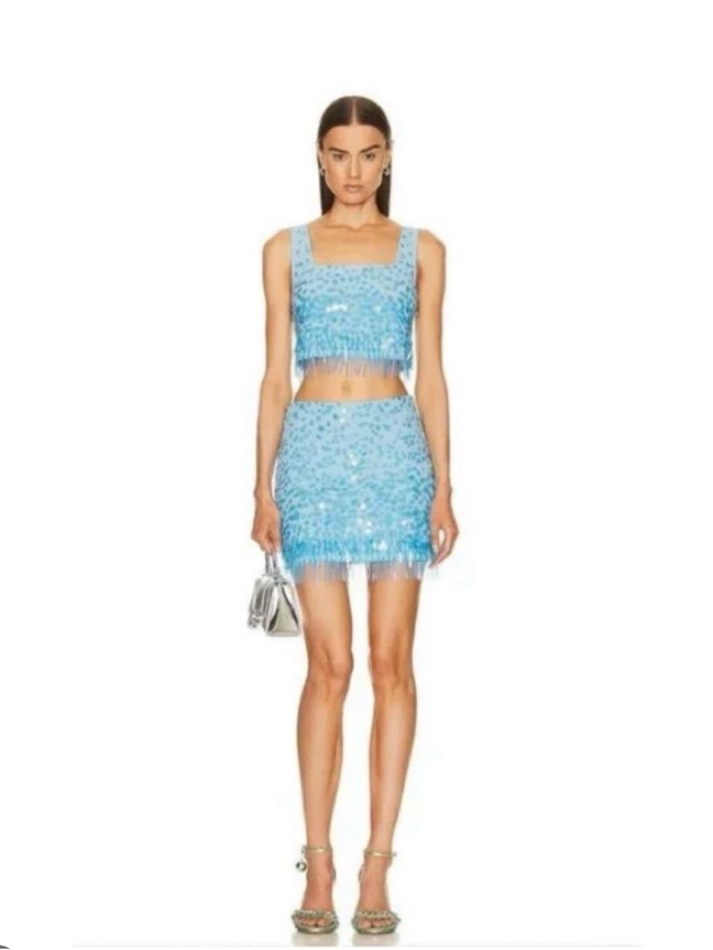 STAUD Light Blue Sequin Fringe Two-Piece Top and Skirt Set